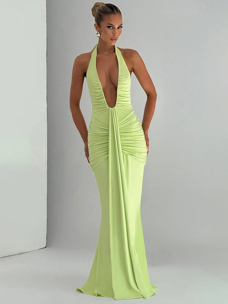Mozision Deep V Neck Draped Ruched Sexy Maxi Dress Women Summer Fashion Halter Sleeveless Backless Club Party Long Dress Elegant