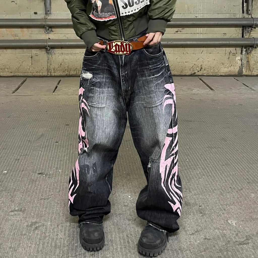 Mottled Totem Print Loose Jeans for Women Harajuku Trendy Hip-Hop Jeans Y2K American Retro High-Waist Wide-Leg Jeans for Women