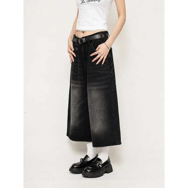High Waist Black Retro Washed Denim Shorts Women's Harajuku Vintage Fashion Casual Loose Y2K Streetwear Mid Long Wide Leg Pants