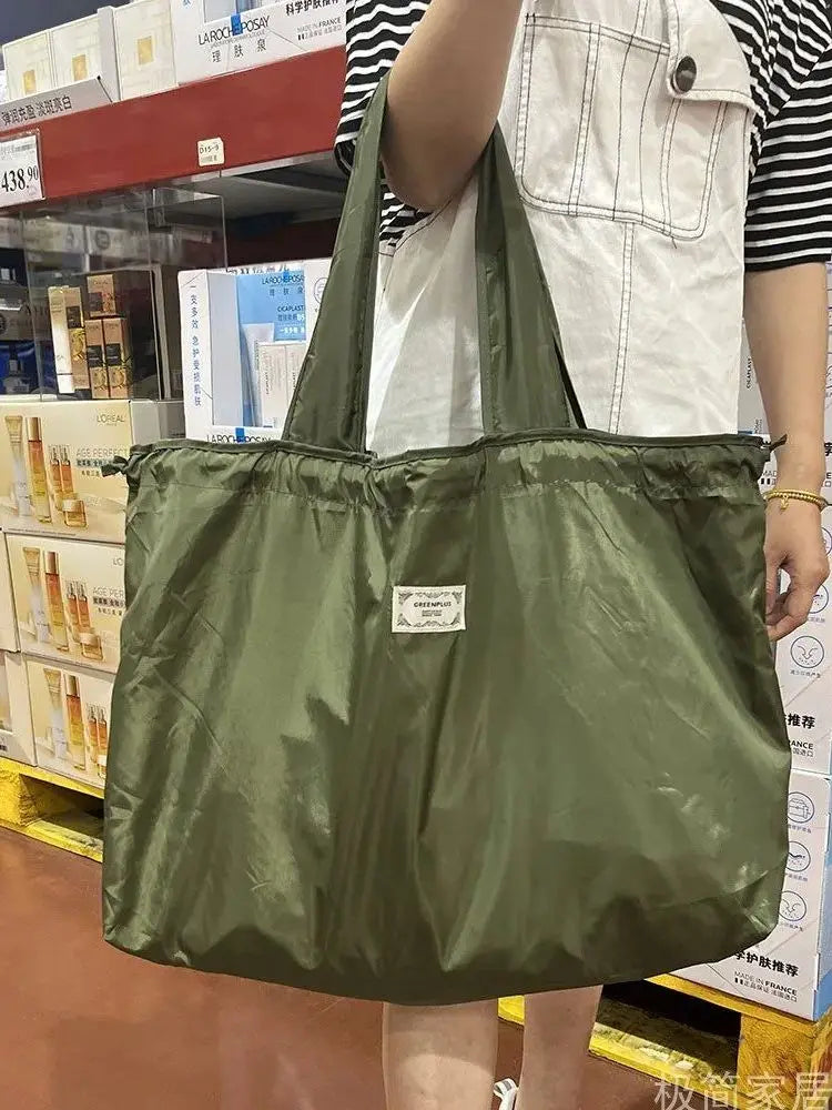 Extra Large Solid Color Foldable Drawstring Shopping Bag Portable Grocery Tote & Shoulder Bag