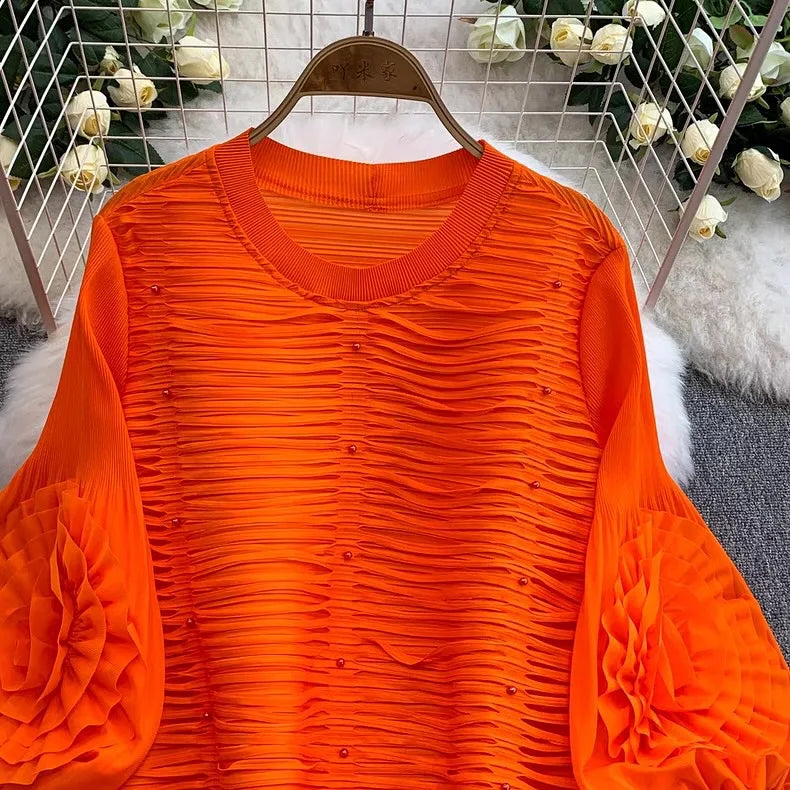 ANLAN Luxury Beading Hollow Out Tassels Pleated Miyake Dresses Women 3D Flower Splice Lantern Sleeve Loose Party Dress 2025 N
