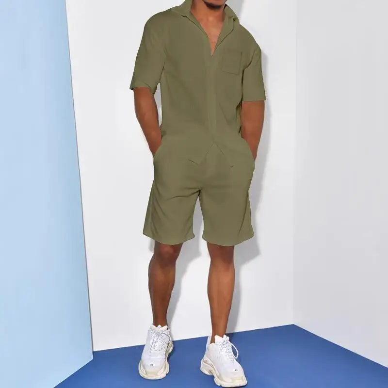 2026 Men's Summer Solid Casual Sets Comfy Cotton Linen Short Sleeve Lapel Shirt and Shorts Two Piece Sets Men Loose Sport Outfit