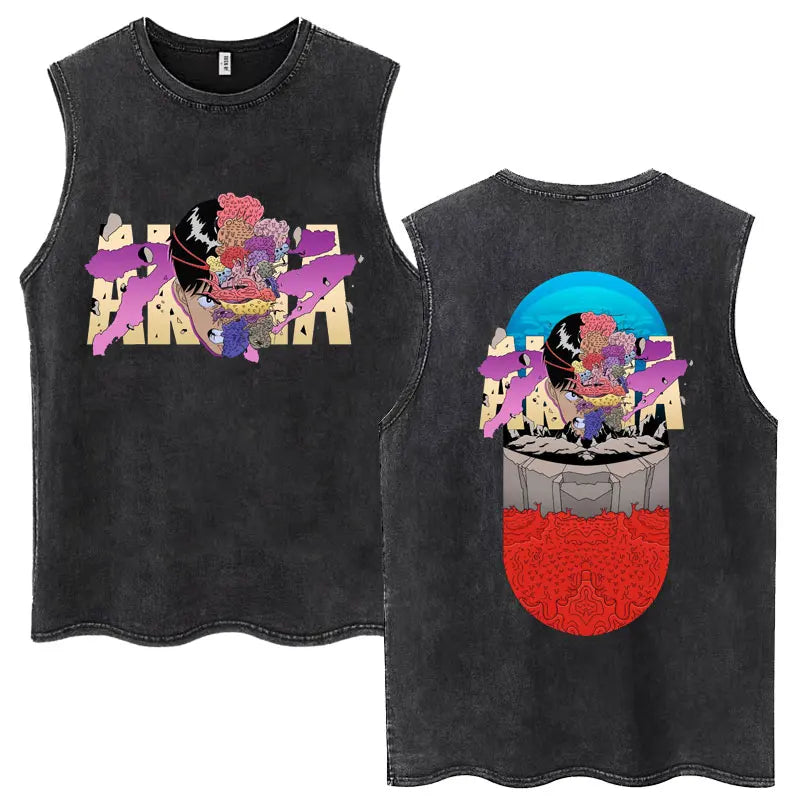 Washed Japan Anime Akira Retro Tank Tops 90s Science Fiction Movie Shotaro Kaneda Sleeveless T Shirts Cotton Casual Loose Vests