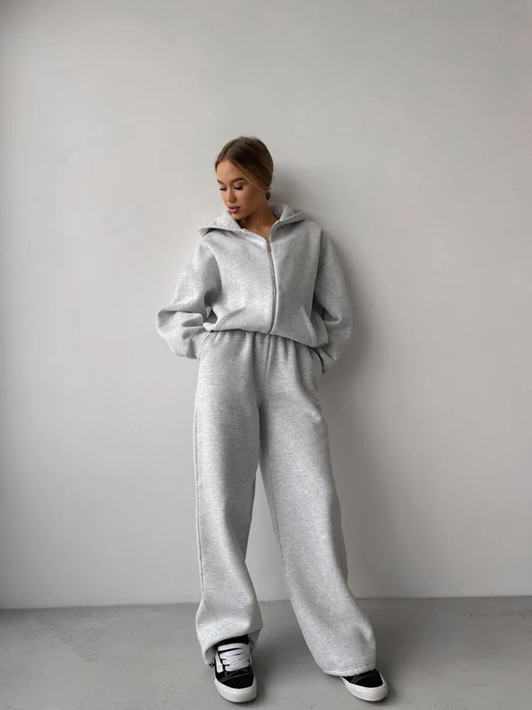 Women's Casual Suit Solid Color Long Sleeve Hooded Cardigan Pocket Sweater Elastic Pants Two-piece Set