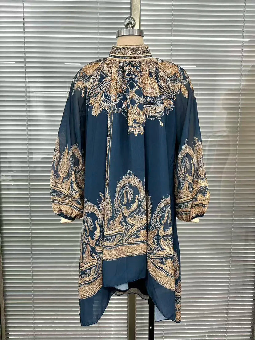 2026 New European and American Turtleneck Printed Chiffon Dress Loose Vacation Style Shawl Long-Sleeved Women's Dress
