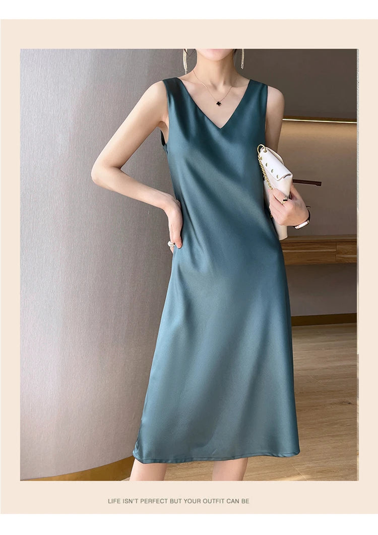 LHZSYY Silk Satin Front/Back V-neck Sling Dress Women's Sleeveless Waistcoat Top Spring Summer New Mulberry Silk Hip Long Skirts
