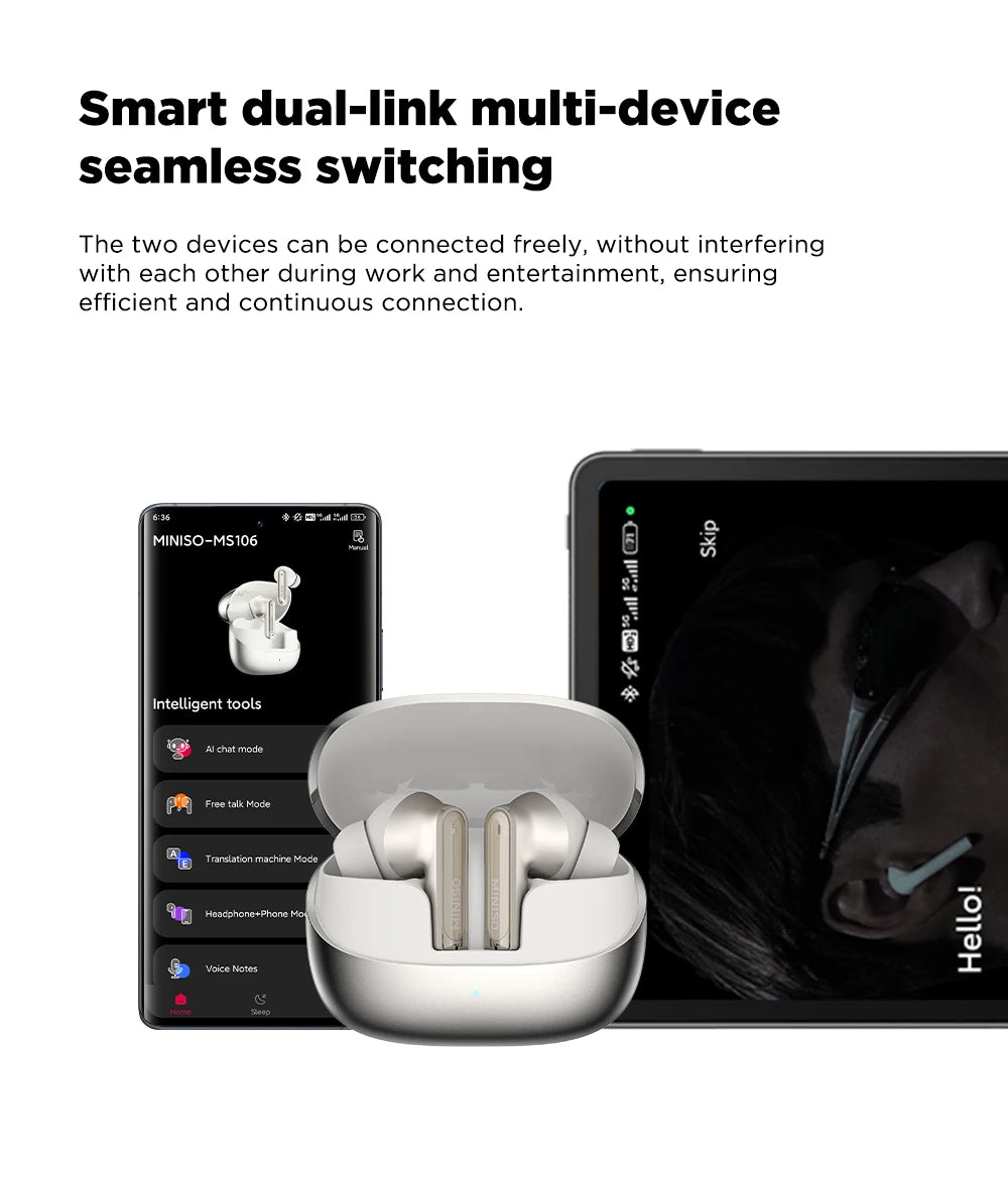 MINISO MS106 Bluetooth Earphones  AI Translator Earbuds TWS Ear Clip Sports Earphones Noise Reduction Wireless Headphones
