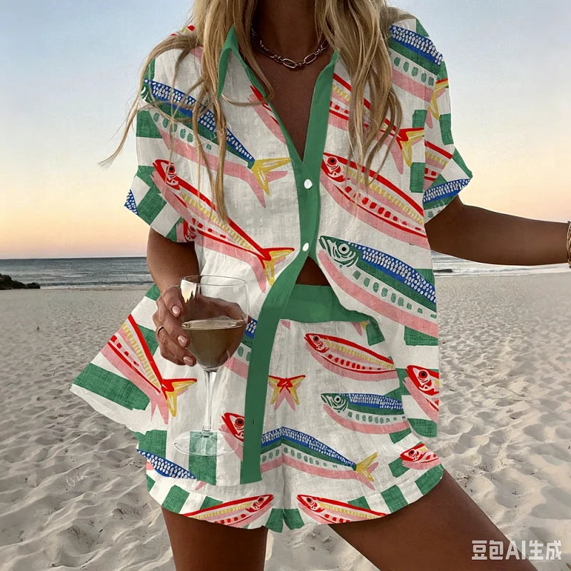 Holiday Summer Vacation Shorts Set 3D Printed Seaside Tropical Casual Lapel Shirt Blouse Top Shorts 2-Piece Suits Beach Clothes