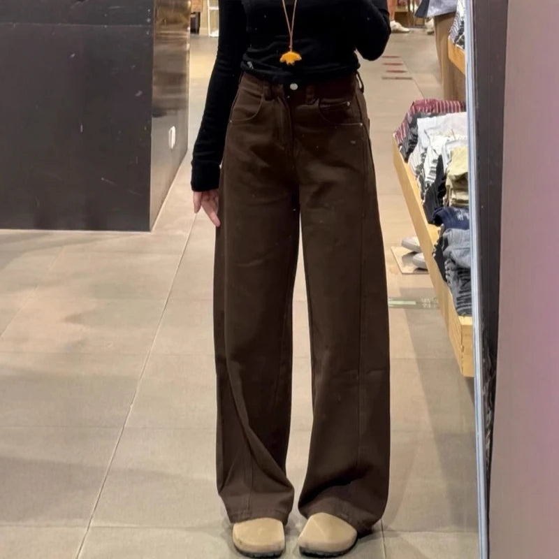 Thiened Fce High Waist Straight Leg Jeans Women's Warm Wide Leg Design Slimming Floor-Length Knife  Winter Jeans