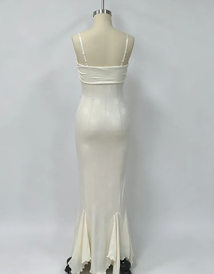 White Polka Dot Maxi Dress For Women Spaghetti Straps Sweetheart Bust Back Ruched Mermaid Flounce Hem Vacation Biryhday Dresses