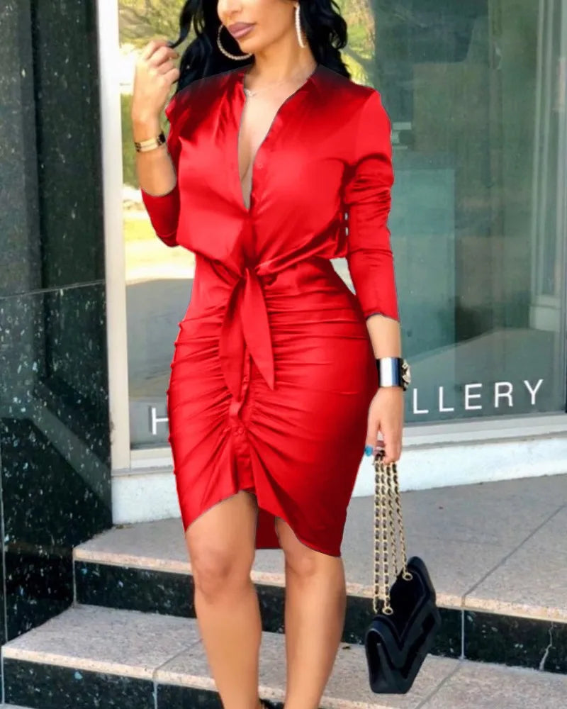 Summer Autumn New Elegant Ladies's Dress 2024 V-neck Strap Solid Color Elastic Waist Bag Hip Printed Long Sleeve Shirt Dress