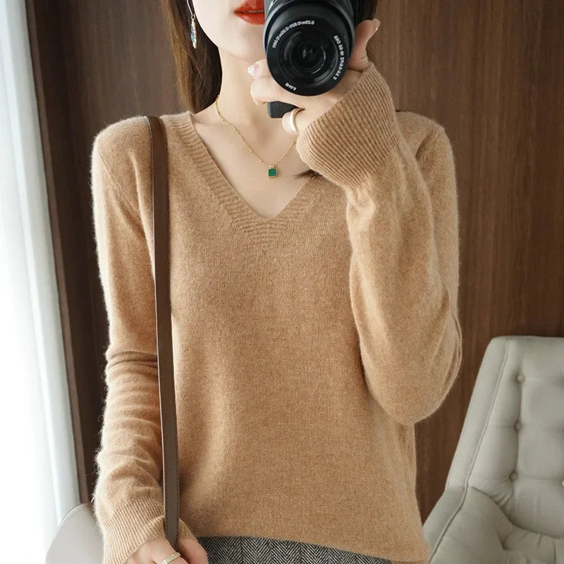 Women's Sweater 2025 Autumn Winter Knitted Pullovers V-neck Slim Fit Bottoming Shirt Solid Soft Knitwear Jumpers Basic Sweaters