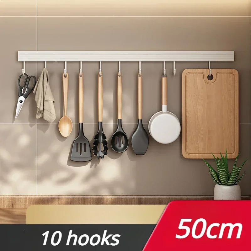 Kitchen Storage Rack Wall Mounted No Punch Shelves Movable Hook Spoon Holder Organizer For Kitchen Utensil Accessories Tool