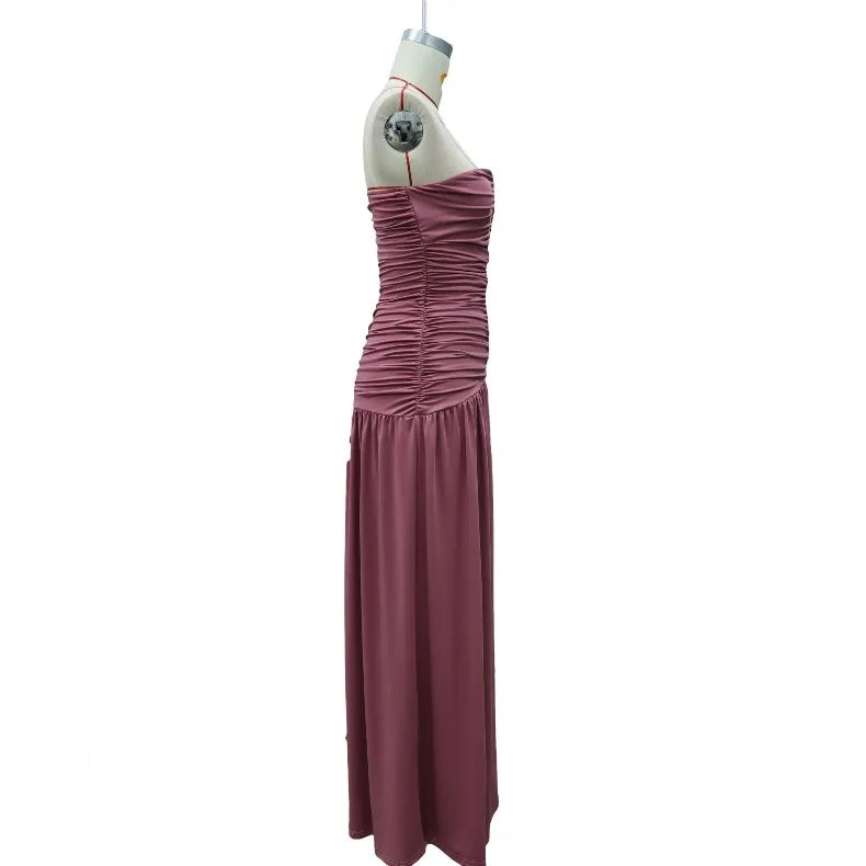 Solid Color Sexy Strapless High Slit Pleated Slim Fit Dress for Birthday Party Dinner Party Graduation Party Dress