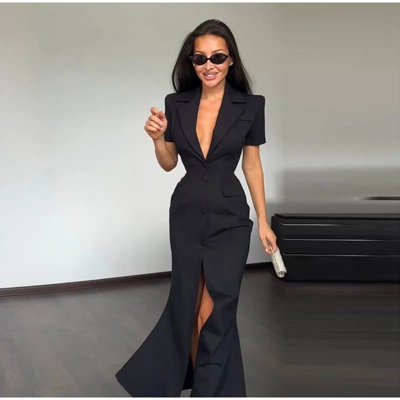 Fashion Lapel Short Sleeve Dress Women's Solid Color Single Breasted Slit Midi Dresses 2026 Summer New Lady Elegant Office Wear