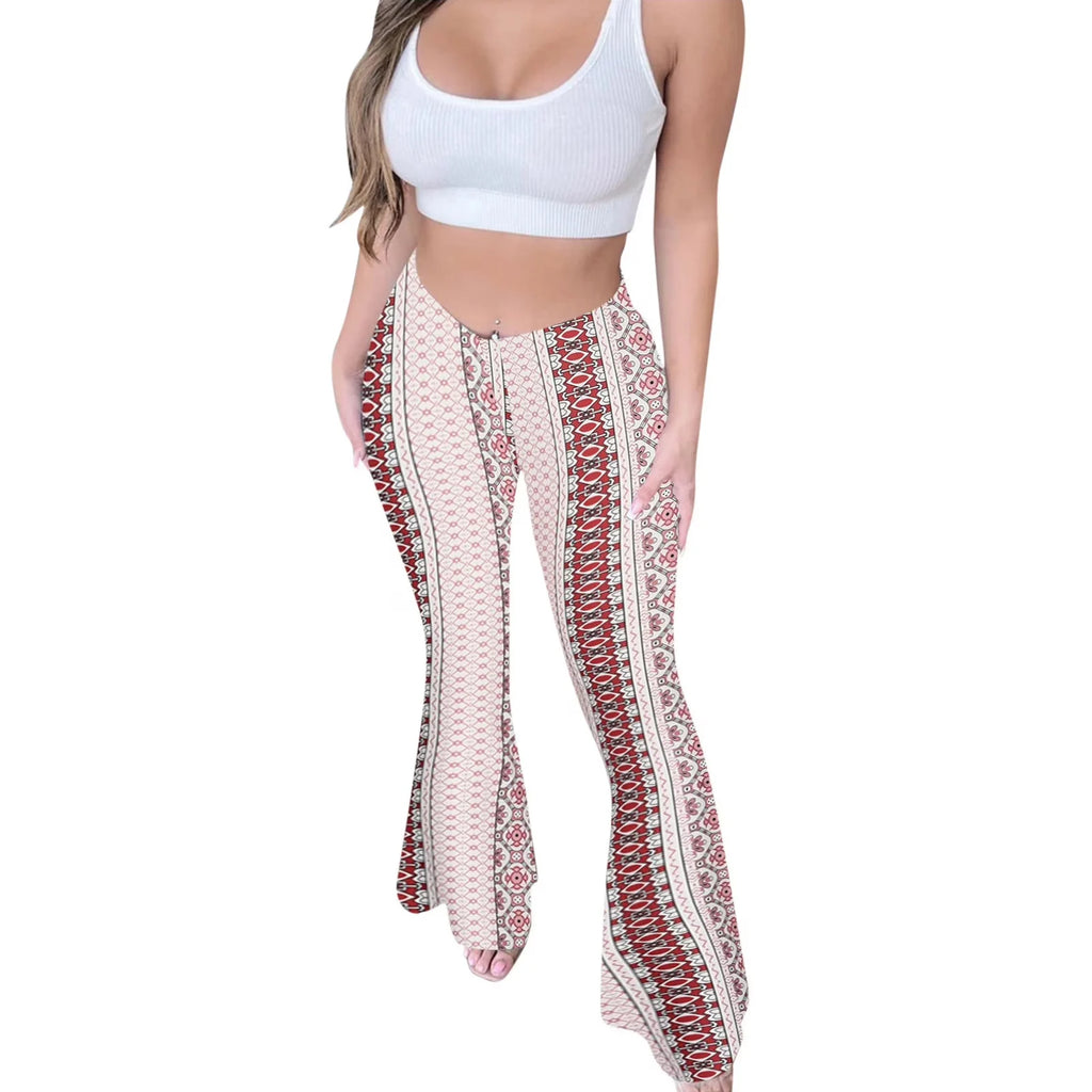 Bohemian Flare Pants for Women High Waisted Stretchy Bell Bottoms Y2K Hippie Style Trousers for Beach Vacation Leggings 2026