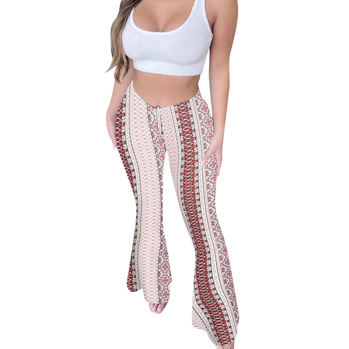 Bohemian Flare Pants for Women High Waisted Stretchy Bell Bottoms Y2K Hippie Style Trousers for Beach Vacation Leggings 2026