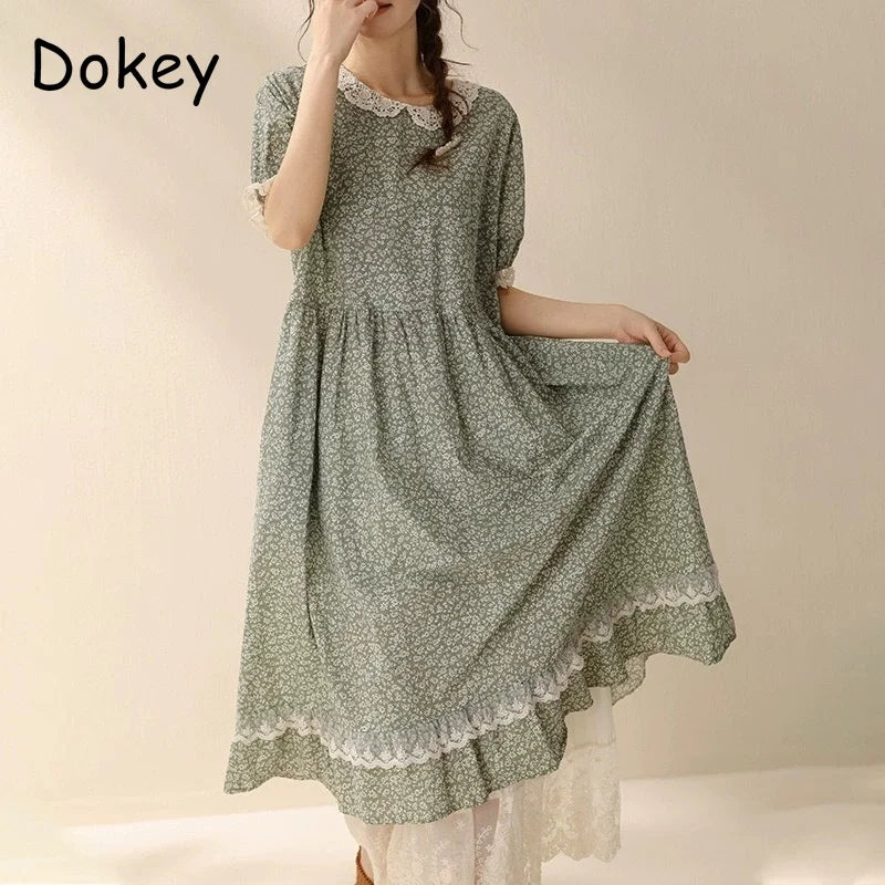 Vintage Ruffled Cotton Linen Flower Dress Women's New Summer Peter Pan Collar Short Sleeve Loose Boho Dress Casual Midi Vestidos
