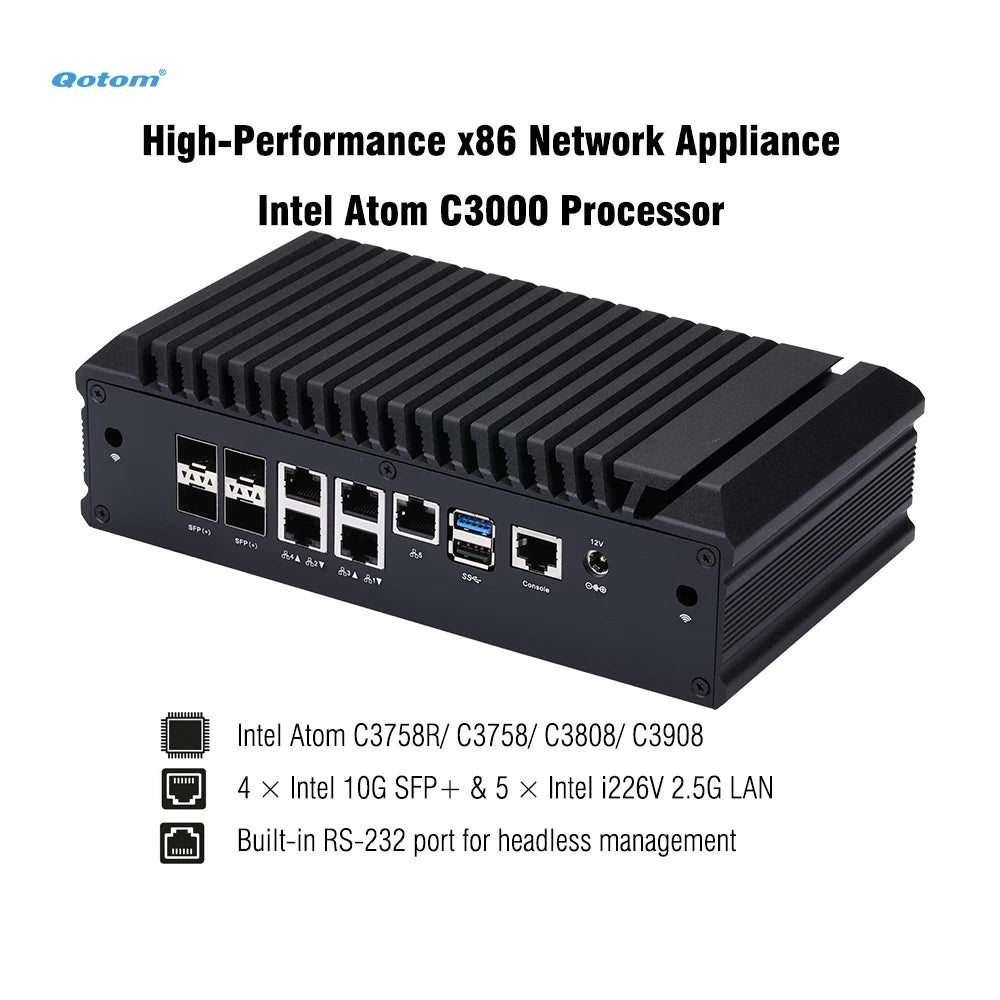 Mini PC Q20300G9 CPU Atom C3000, 4x 10G SFP+, 5x 2.5G LAN, Barebone Support 2x DDR4 RAM, 2x NVMe SSD, 2x HDD, Firewall Router