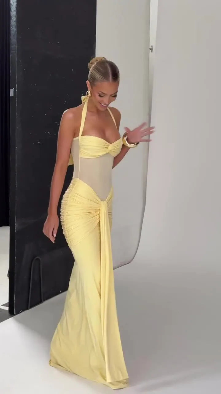 Suninheart Draped Maxi Evening Dress Women Elegant Halter Prom Dresses Wine Formal Occasions Backless Dress Sexy