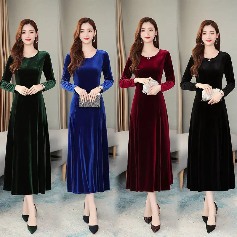 Elegant Long Velvet Dress Women's Autumn Winter New Style Knee-Length A-Line Skirt Polyester Fabric Regular Sleeve round Neck
