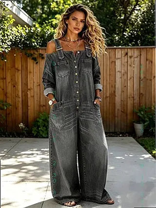 Sexy Off Shoulder Denim Overall Jumpsuit Pockets Wide Leg Playsuit