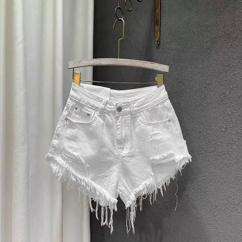 Retro Irregular Old Ripped Denim Shorts Women's Summer Low Waist Design Jeans Hot Pants Sky Blue