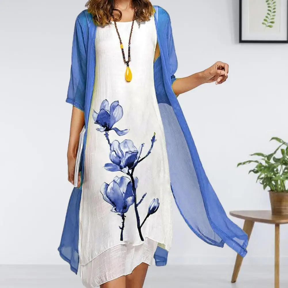 Flower Print Elegant Dress Shawl Coat Set Irregular Hem Dress Cardigan Coat Set Women Two-piece Mid Length Dress Coat Set 80%