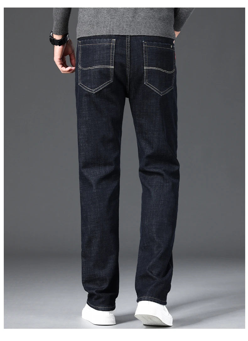 Men Winter Fleece Warm Jeans Brand 2024 Fashion Business Pants Retro Classic Denim Trousers Autumn Casual Stretch Slim Jeans Men