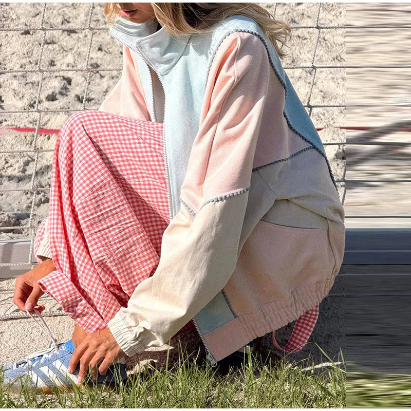Polka Dot Cropped Windbreaker Jacket, Contrast Pink Seam Piping Side Pockets Loose Outerwear 2026 Autumn Street Daily Lady Coat