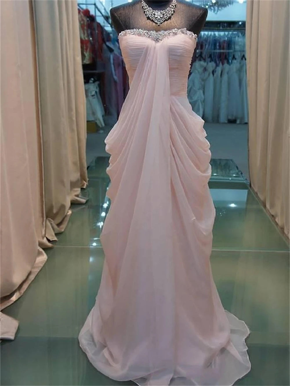 Mila Custom Blush Pink Strapless Beaded Chiffon Prom Dress Ruched Long Formal Evening Gown Elegant Graduation Homecoming