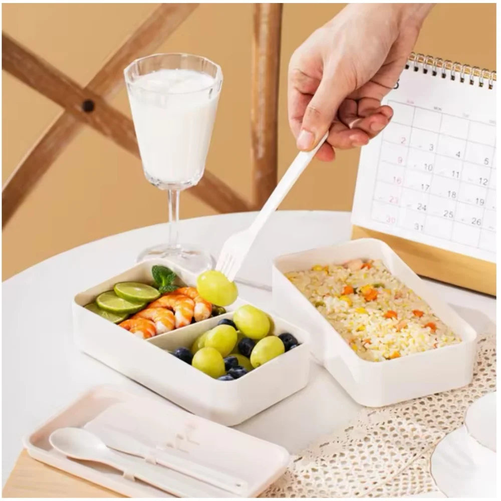 Adult Bento Lunch Box, 2-Tier Food Storage Container Set with Cutlery for Kids/children, Crisper Microwave and Dishwasher Safe