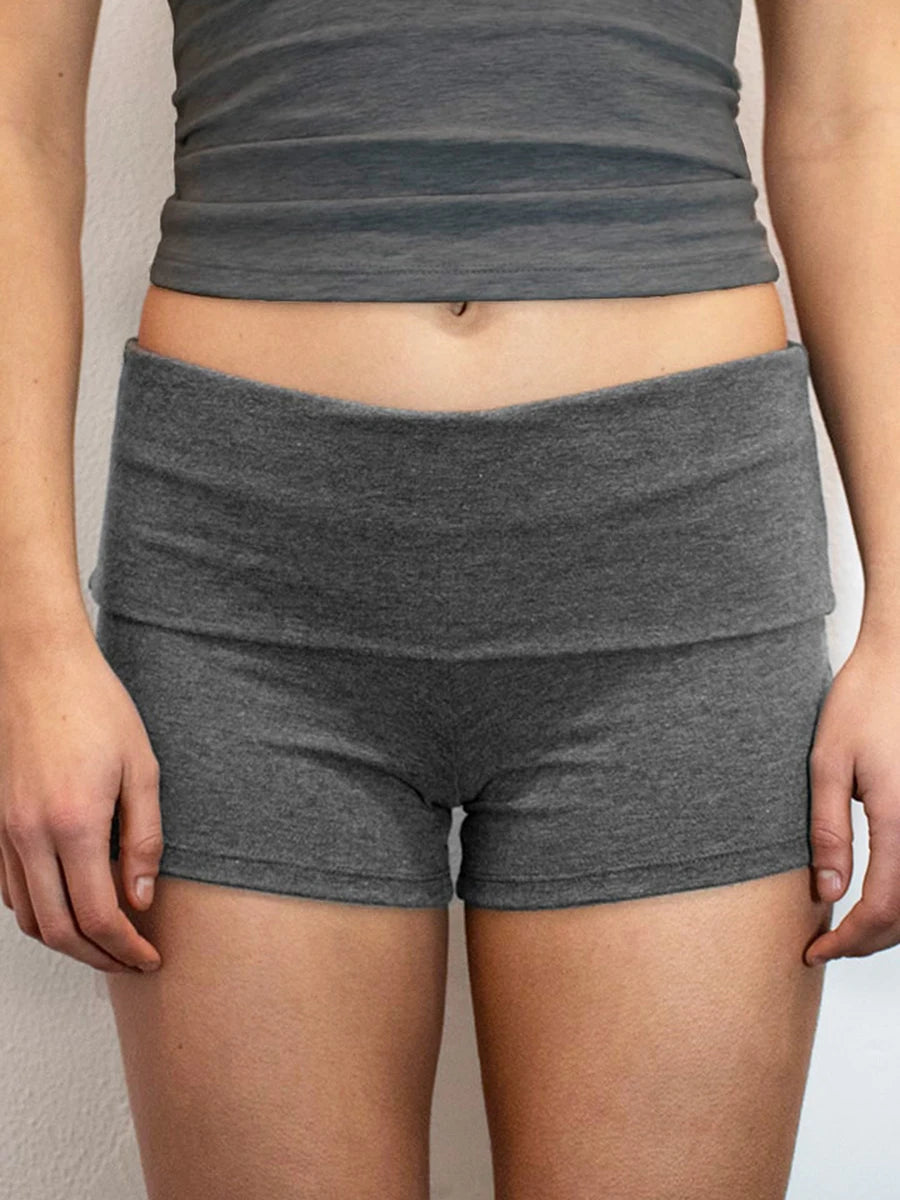 Summer Slim Yoga Shorts Women Casual Solid Color Fold Over Low Waist Lounge Shorts