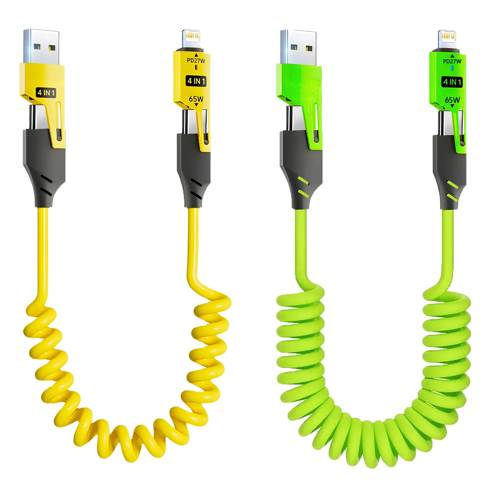 1/2PCS 4-in-1 Spring Data Cable & 65W Quick Charger: 6A USB Type-C Telescopic Wire Compatible with iPhone/iPad/MacBook/Huawei