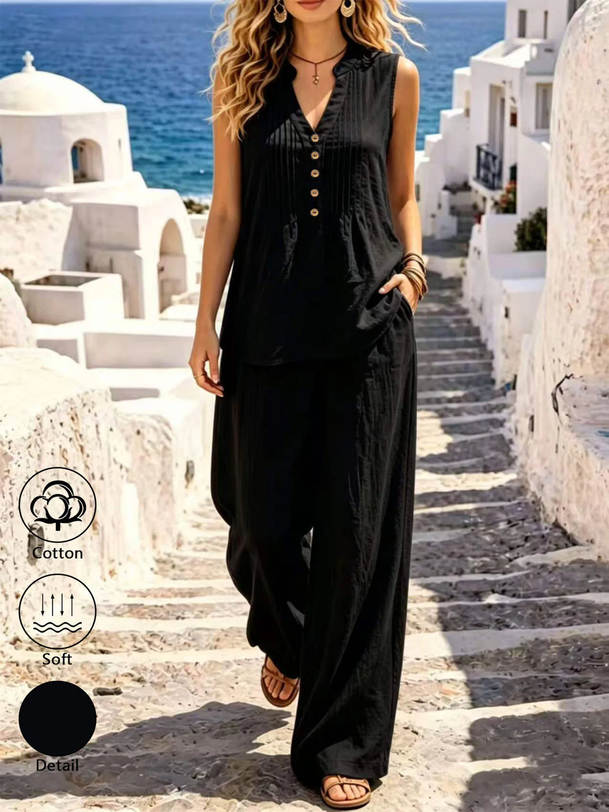 Women's 100% Cotton Casual Two-Piece Set: Sleeveless Tank Top & Wide-Leg Pants – Lightweight, Minimalist, and Stylish