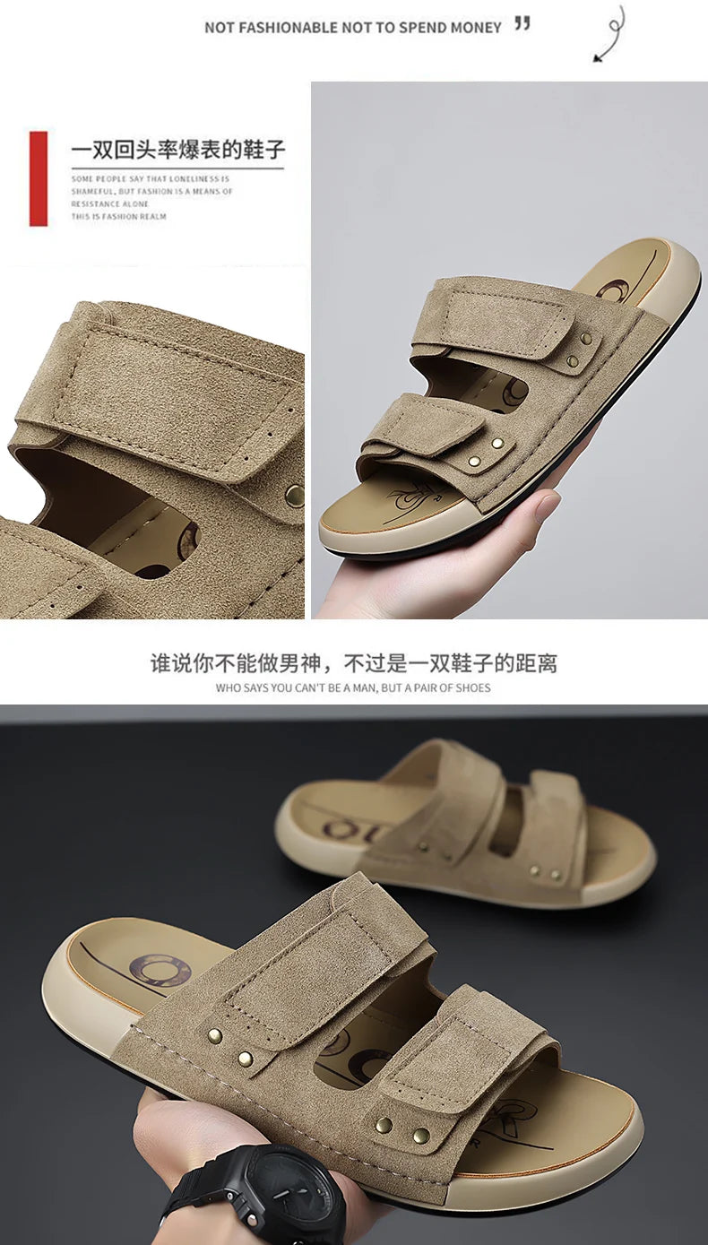 2026 Mens Sandals Slip On Leather Casual Couple Shoes For Men Soft Comfortable Mens Summer Shoes Handmade Men Outdoor Slippers
