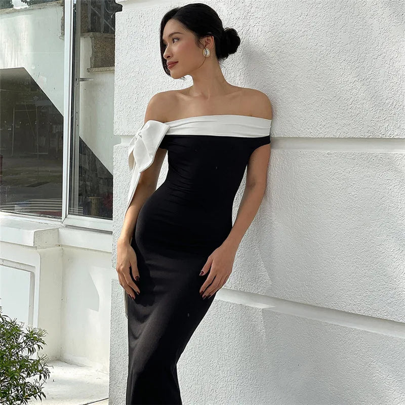 Tuularose Summer Bandage Long Dress Women's Elegant One Shoulder Bow Tie Slim Evening Dress Sexy Patchwork Party Dress Y2k 2025