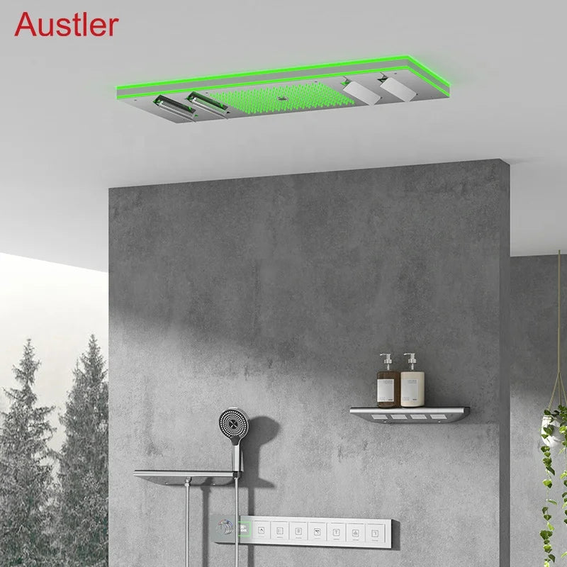Ceiling Embedded LED Music Shower Head 7 Functions In-Wall Mount Brass Thermostatic Shower Faucet Set