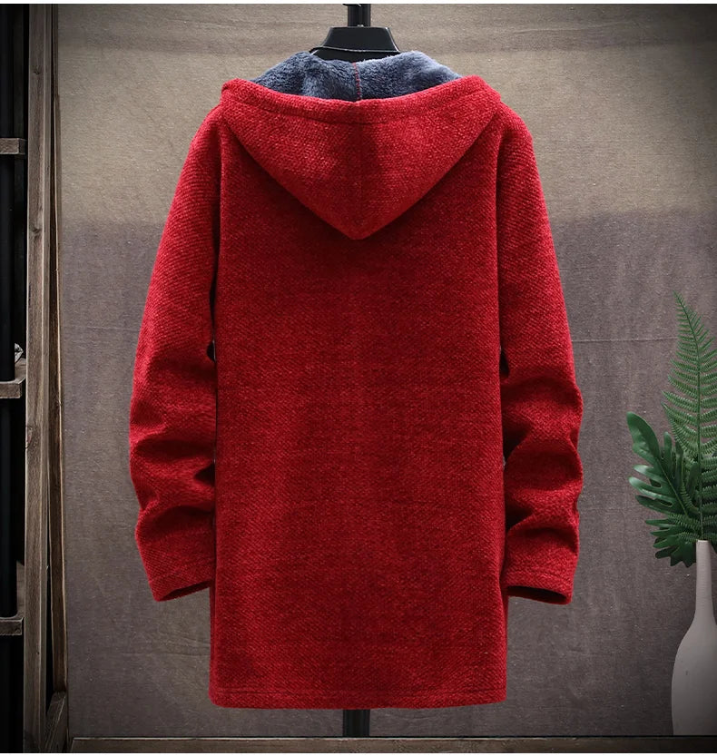 Men's Knitted Sweater Cardigan Thickened Fleece Hooded Casual Style Warm Outerwear Autumn Winter New Arrival Korean Version