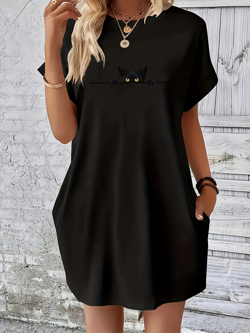 Women's Summer Loose Large Personalized Cat Pattern Printed Round Neck Short Sleeve Pocket Comfortable Casual Dress