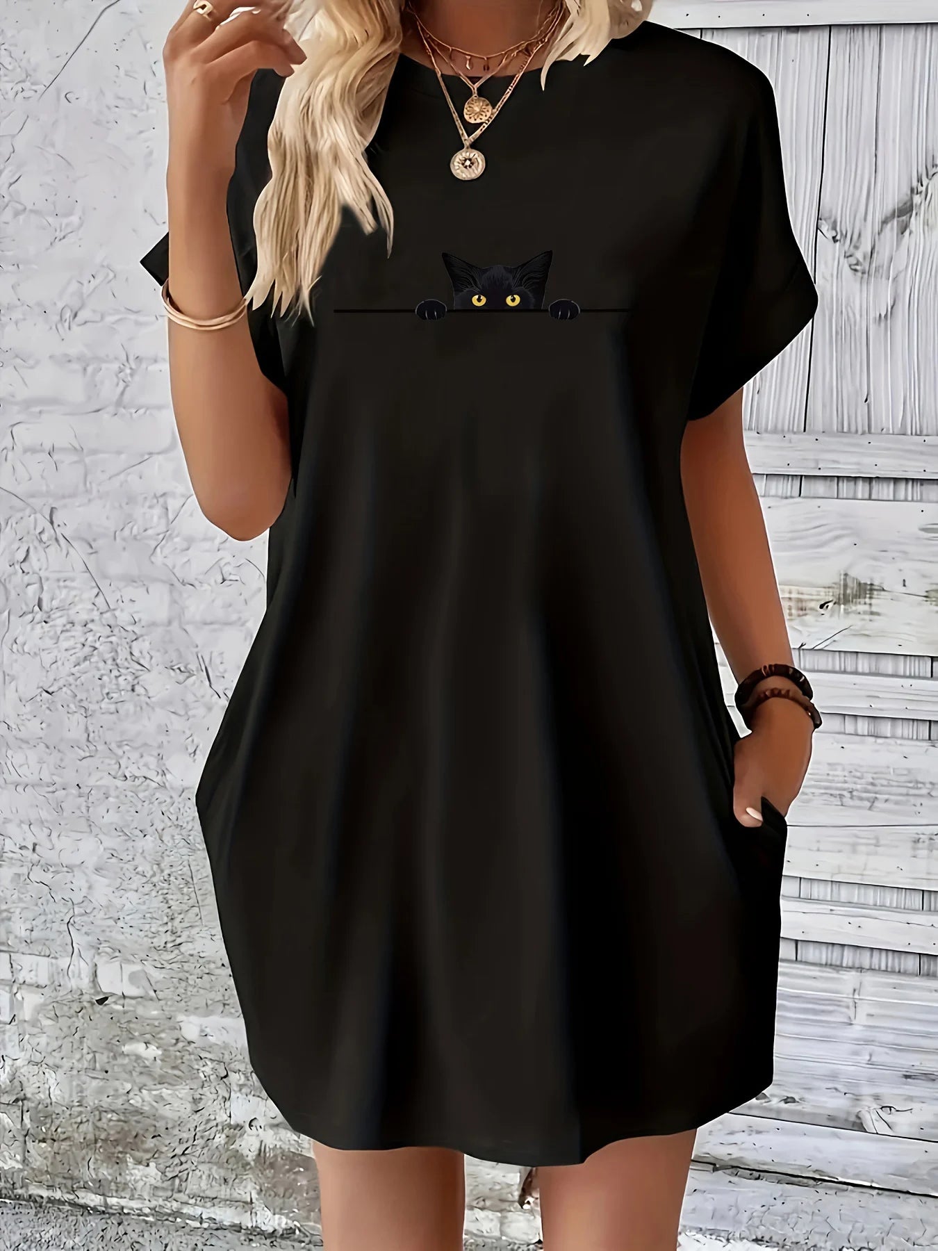Women's Summer Loose Large Personalized Cat Pattern Printed Round Neck Short Sleeve Pocket Comfortable Casual Dress