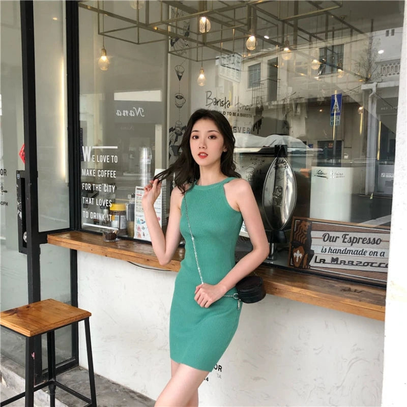 Summer New Style Hong Kong Flavor Slimming Sexy Girl Neck Hanging Bodycon Dress Shoulder Exposure Knitted Strap Dress Women