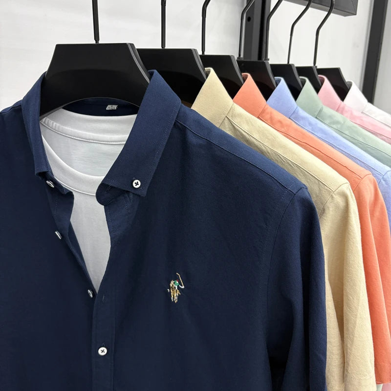 Short Sleeved Shirt Men's Summer New Item Pure Cotton High-end Brand Little Horse Logo Embroidered Casual Shirt