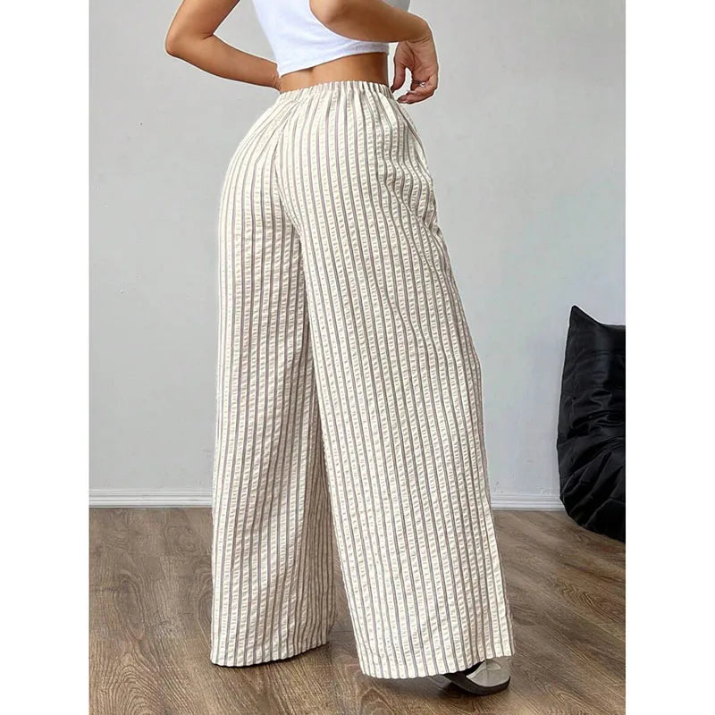 Women's Casual Striped Wide-Leg Pants   Summer Commute Fashion Drawstring Elastic Waist  Versatile Relaxed Straight Leg Trousers