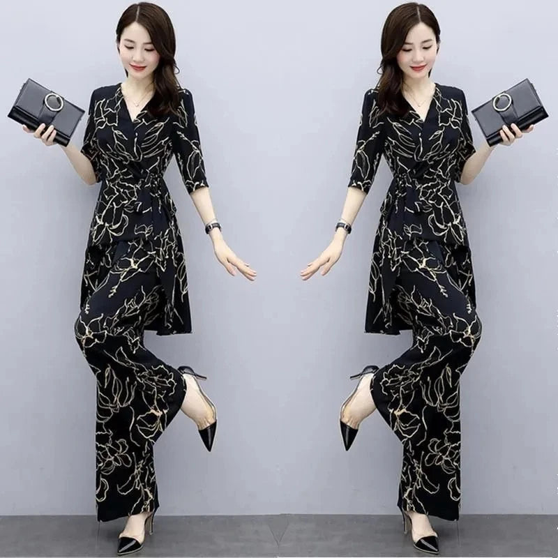 2 Piece Set Women Casual Fashion Printing Pants Suit Short Sleeve Tops +Wide Leg Pants 2 Piece Outfits Women White Set Summer4XL