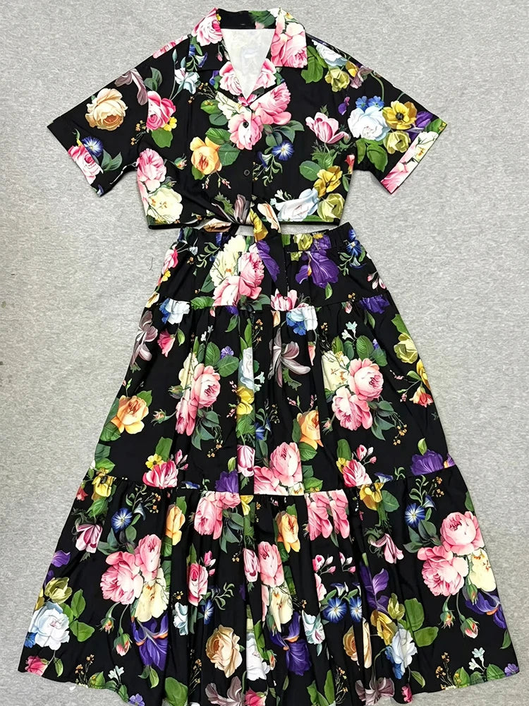 Retro Summer Women's New Two-Piece Lapel Single-Breasted Hem with Strapless Short Shirt + Elastic Waist A-Shaped Fashion Suit
