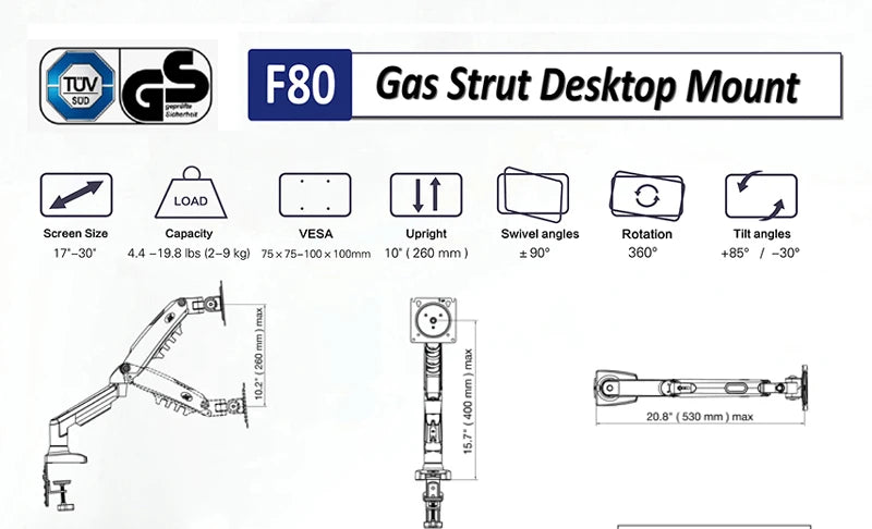 NEW NB F80 2-9kg Popular 17"30" Monitor Screen Desktop Stand Computer Bracket Gas Spring Long Arm Clamp Grommet Hole 360 Rotate