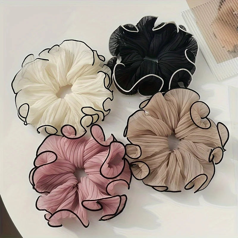 Elegant Tassel Design Fabric Hair Ties - Solid Color Chiffon Scrunchies, Pleated Hair Bands for Women'S Bun