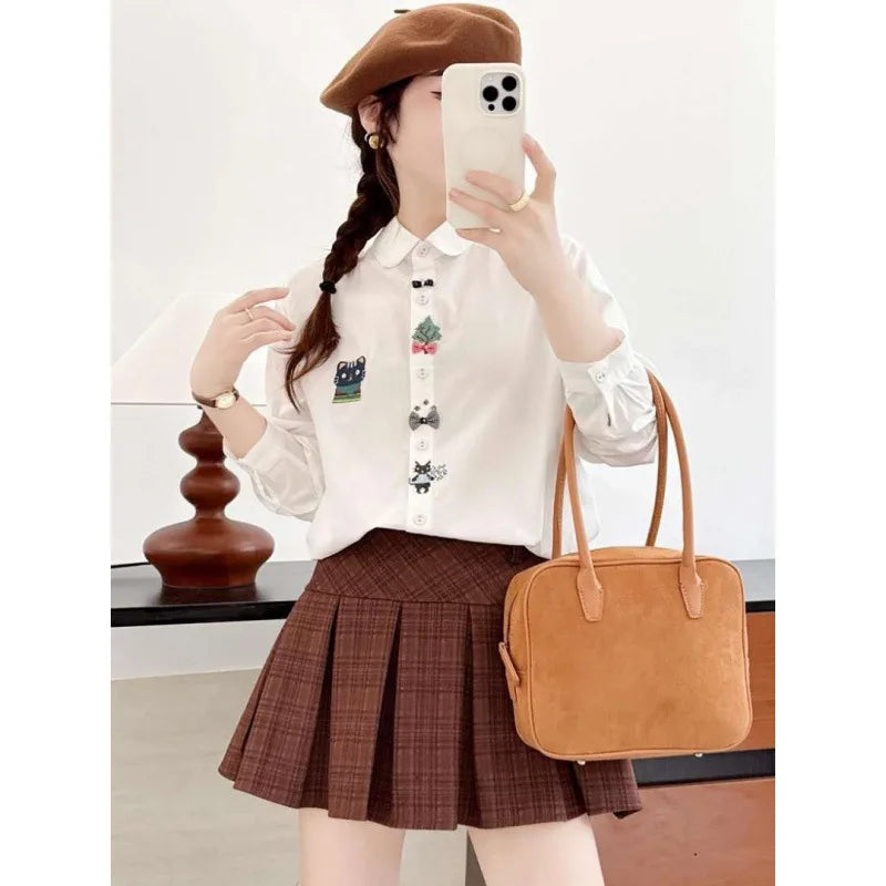 Sweet Cartoon Cat Embroidery Long Sleeve Shirt Women's Casual Style Spring Fashion Artistic Loose Fit Cotton Shirt