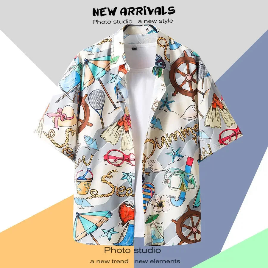 New Summer Casual Short Sleeved Shirt Korean Version Fashionable Men's and Women's Loose Collar Hawaiian Seaside Flower Shirt